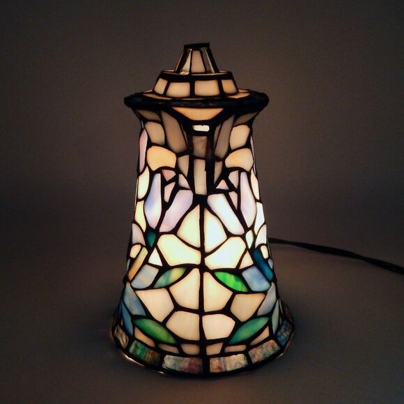 Stained Glass Coffee Tea Pot Accent Lamp Tulips 9 Inch Tiffany Style - Picture 4 of 11